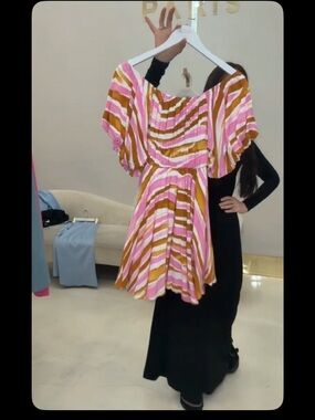 Striped Off-Shoulder Mini Dress in Pink and tan